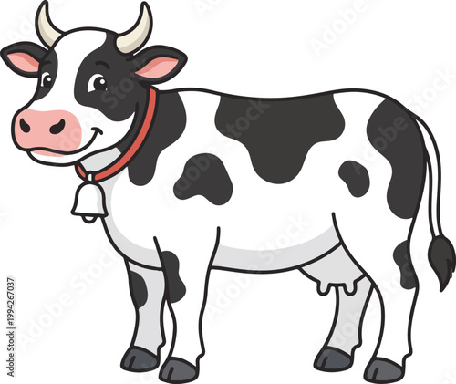 Friendly Cartoon Dairy Cow with Bell Vector Illustration