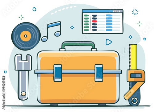 Creative project toolkit illustration with a toolbox, vinyl record, and software interface