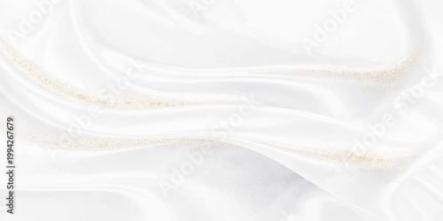 Luxurious white silk and satin fabric creates a smooth flowing wave texture with soft curves, serving as a shiny cream material backdrop for elegant wedding textile decoration