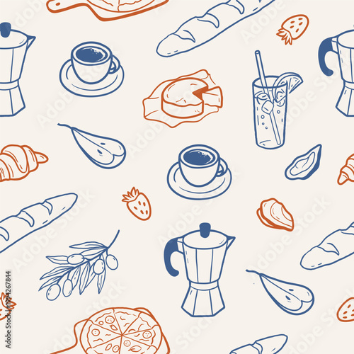 Seamless pattern with coffee cups, moka pot, croissant and bread in mediterranean line style. Hand drawn vector illustration for packaging, menu design, branding and textile prints.