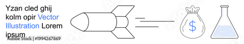 Innovation, science, startup funding, research, economic growth, progress. A rocket, money bag and flask in a minimalistic style. Innovation and science illustrated effectively