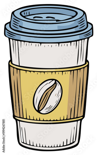 Disposable coffee cup with lid and coffee bean sleeve, a refreshing caffeine drink