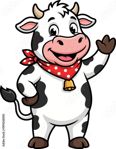 Friendly Cartoon Cow Mascot Waving with Red Bandana