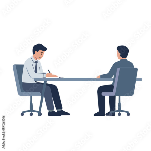 Two businessmen sitting at a desk in a meeting discussing documents