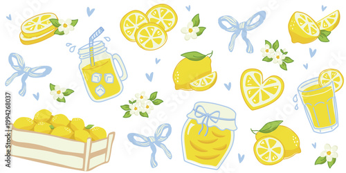 Fresh Lemon Harvest and Summer Drinks Collection with Citrus Slices and Jam Jar