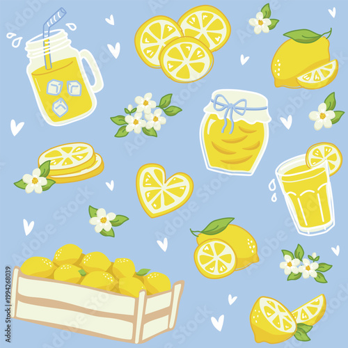 Bright Lemonade and Lemon Slices Illustration Set on Blue Background