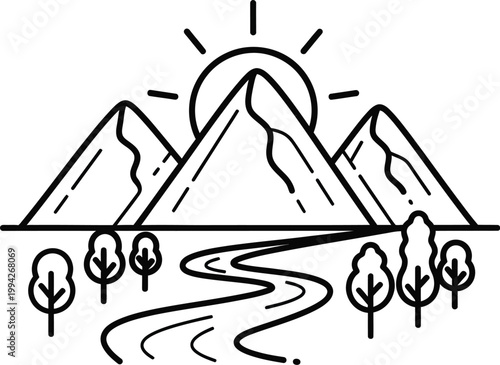 Minimalist line art illustration portraying a tranquil outdoor landscape scene with majestic mountains, a winding river, scattered trees, and a radiating sun.