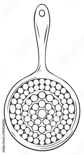 Sketch of a kitchen sieve with a handle, illustration of food strainer.