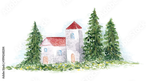 Rural scene. Church in forest. Hand painted landscape
