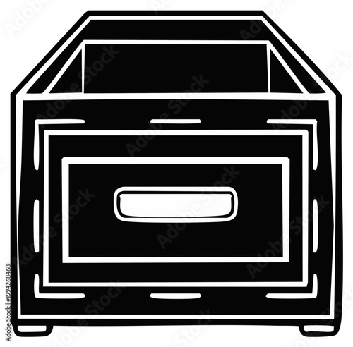 Hand drawn open drawer icon of a filing cabinet or storage box in a bold black and white style