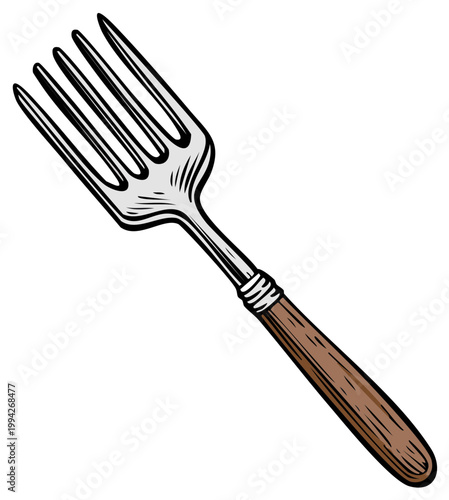 Simple drawing of a four pronged fork with a wooden handle and metal tines