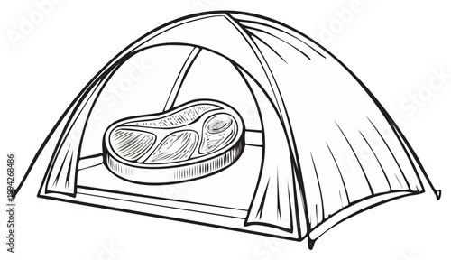 Camping tent with a large uncooked steak inside for a wilderness feast