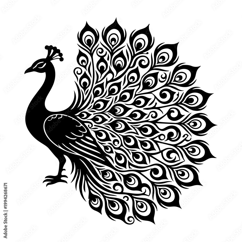 Fototapeta premium Black peacock with fanned tail feathers and eye patterns