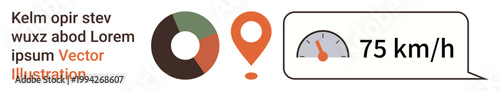 Navigation tools, tracking systems, speed measurement, travel statistics, geolocation data, technology interface. Pin icon, speedometer at 75 kmh graph diagram. Navigation and tracking systems