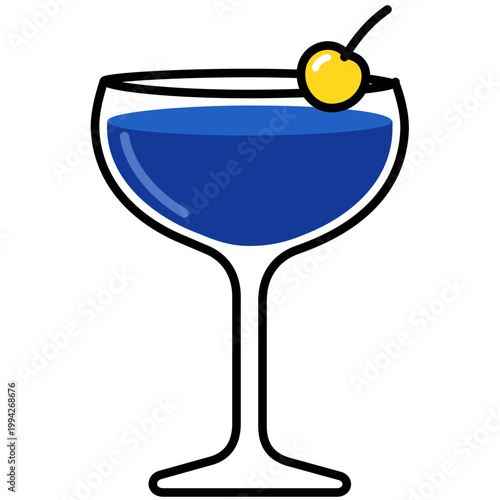 Minimalist Vector Illustration of Blue Cocktail in Coupe Glass with Yellow Cherry. A clean, flat-design vector illustration of a vibrant blue cocktail in a stemmed coupe glass.