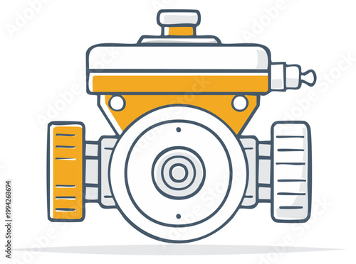 Stylized cartoon illustration of a compact internal combustion engine with orange and white accents