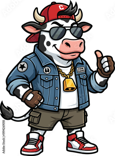  Cool Hip-Hop Cow Mascot Vector with Denim Jacket and Golden Bell Chain