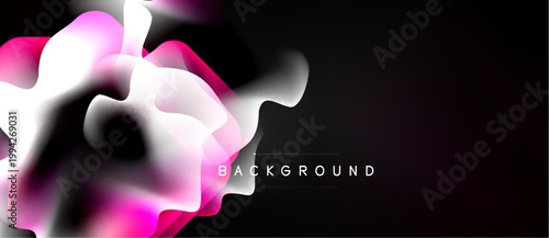 Abstract fluid shapes, pinks, whites over black background. Text reads BACKGROUND. Modern design, dynamic composition.