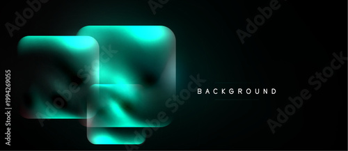 Dark background features glowing turquoise squares. Abstract shapes create modern visual effect. Minimalist design, simple composition.
