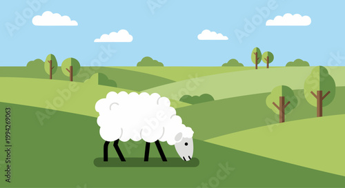 Sheep grazing on green rolling hills in pastoral landscape