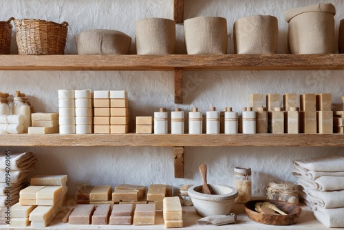 Natural skincare display features neatly arranged soap bars and