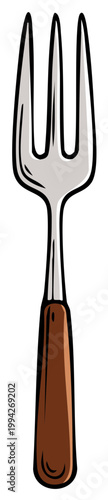 Cartoon four-tined dinner fork with a polished metal head and brown handle