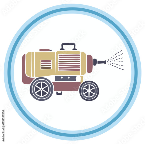 Vector illustration of a mobile sprayer machine on wheels dispensing mist within a blue circle icon