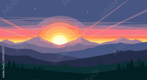 Mountain range with sunrise over layered valley landscape