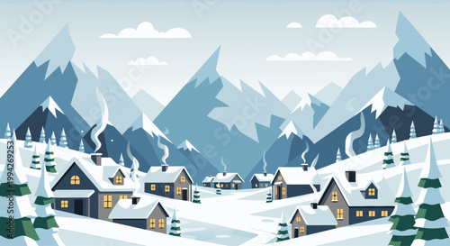 Snowy mountain village with cabins and forested slopes