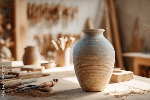 Crafted pottery stands elegantly on wooden workbench, showcasing