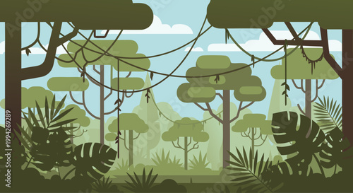 Tropical jungle with dense foliage and hanging vines