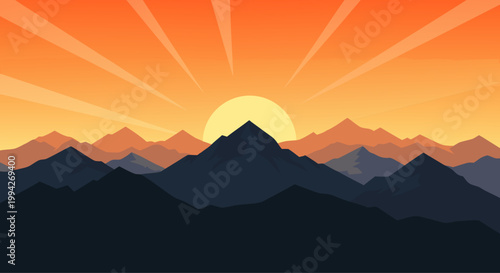 Sunrise behind layered mountain ridges with radiating rays