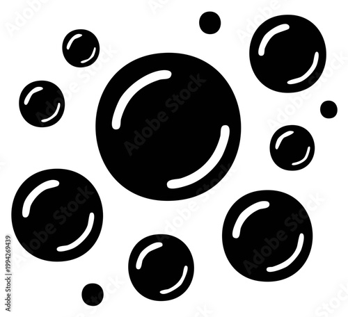 Simple black silhouette icon of floating soap bubbles or fizzy carbonated drink spheres