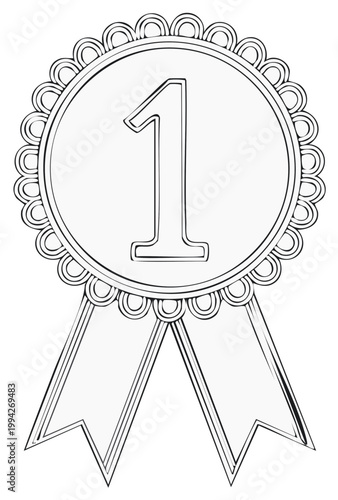 First Place Award Ribbon Number One Line Drawing Illustration for Coloring