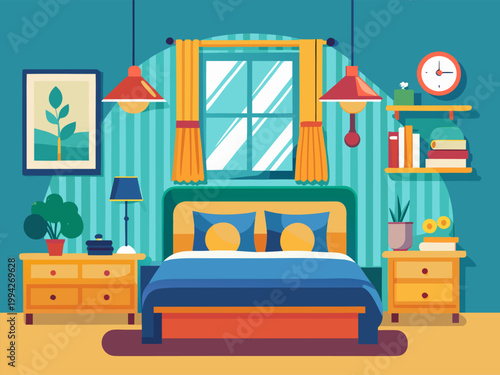 Wide bed with window and pendant lamps in bedroom