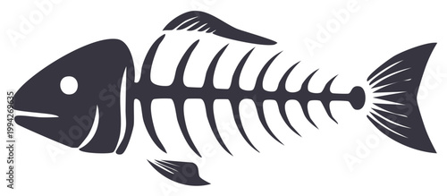 Stylized dark fish skeleton graphic illustration with detailed fins and tail