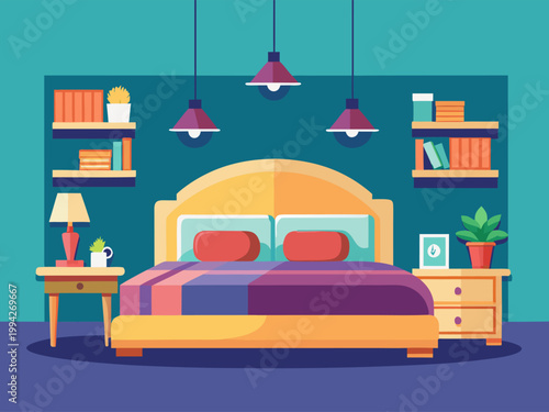 Double bed with pendant lights and bedside tables in bedroom