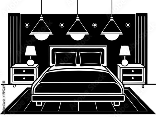 Double bed centered with pendant lights in bedroom interior