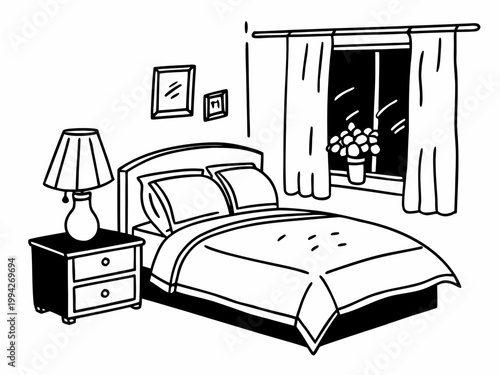 Double bed arranged with nightstand and lamp by window