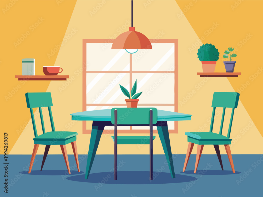 Fototapeta premium Round dining table with chairs in sunny kitchen interior
