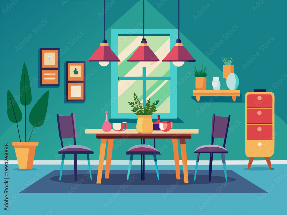 Fototapeta premium Dining table with chairs and pendant lights in teal room