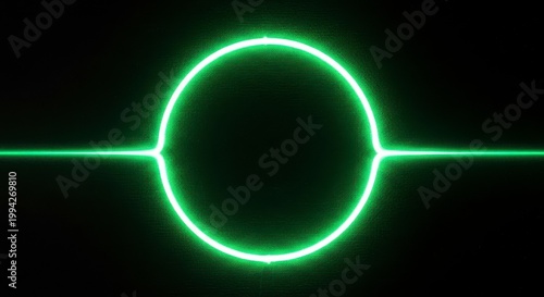 A bright green neon circle with a line through it against a black background
