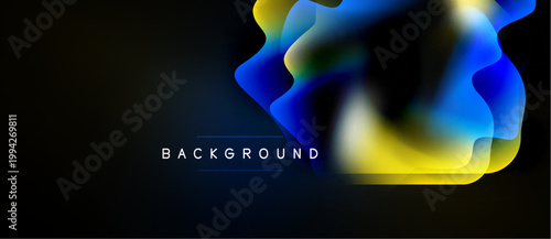 Abstract fluid shapes overlap, creating vibrant color gradients. Dark background emphasizes bright yellow, blue hues. Text reads background.