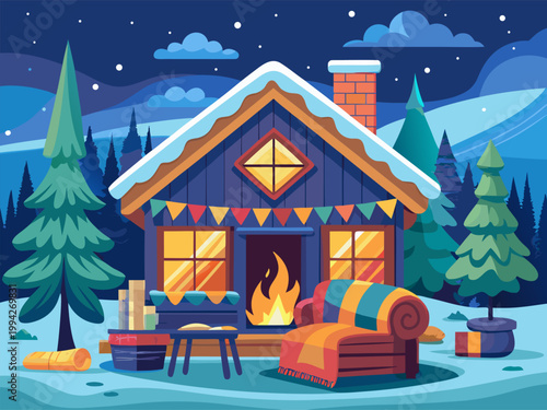 Snowy cabin exterior with outdoor seating and lit fireplace