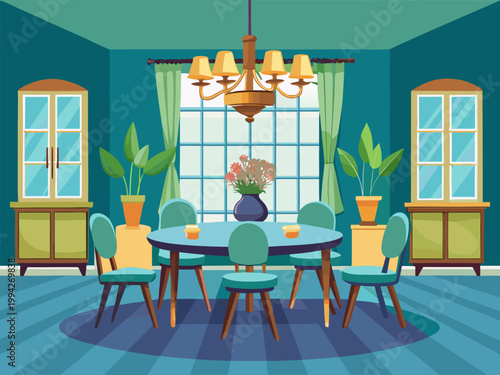 Round dining table with chairs in bright living room