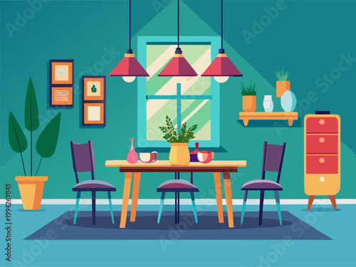 Dining table with chairs and pendant lights in teal room