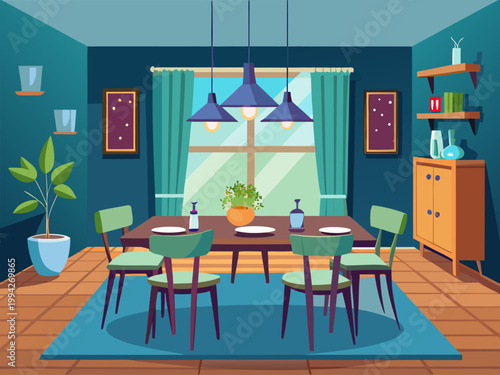 Dining table set with chairs in modern interior room