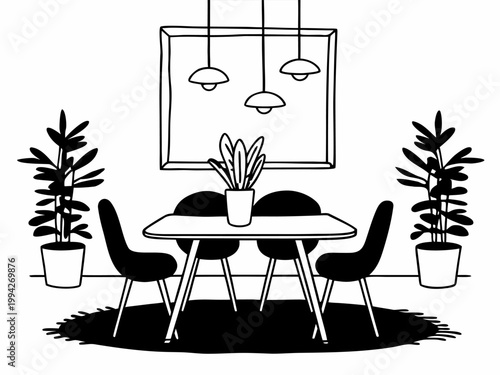 Dining table and chairs with potted plants in sketch