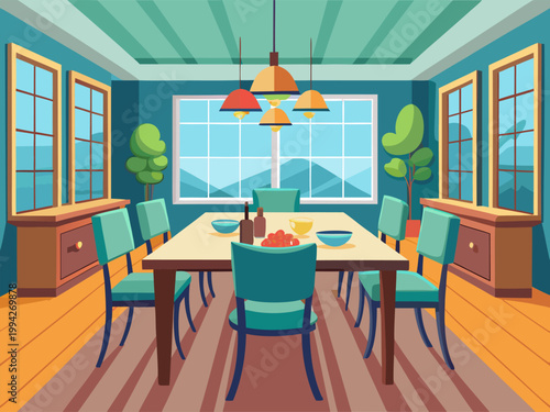 Dining table arranged for meal in bright coastal room