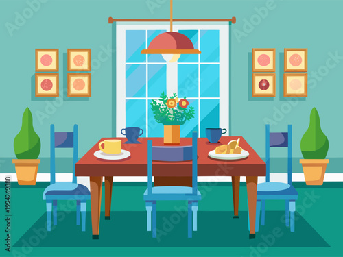 Dining table set for breakfast by window in cozy interior